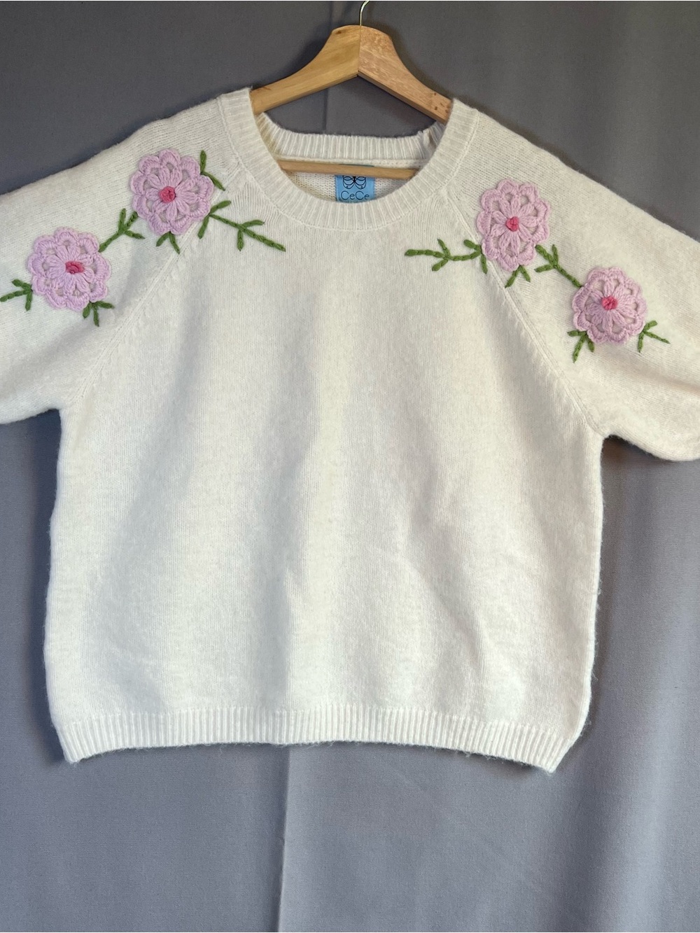 CeCe White Floral Embroidered Crochet Crewneck Short Sleeve Sweater Cottagecore